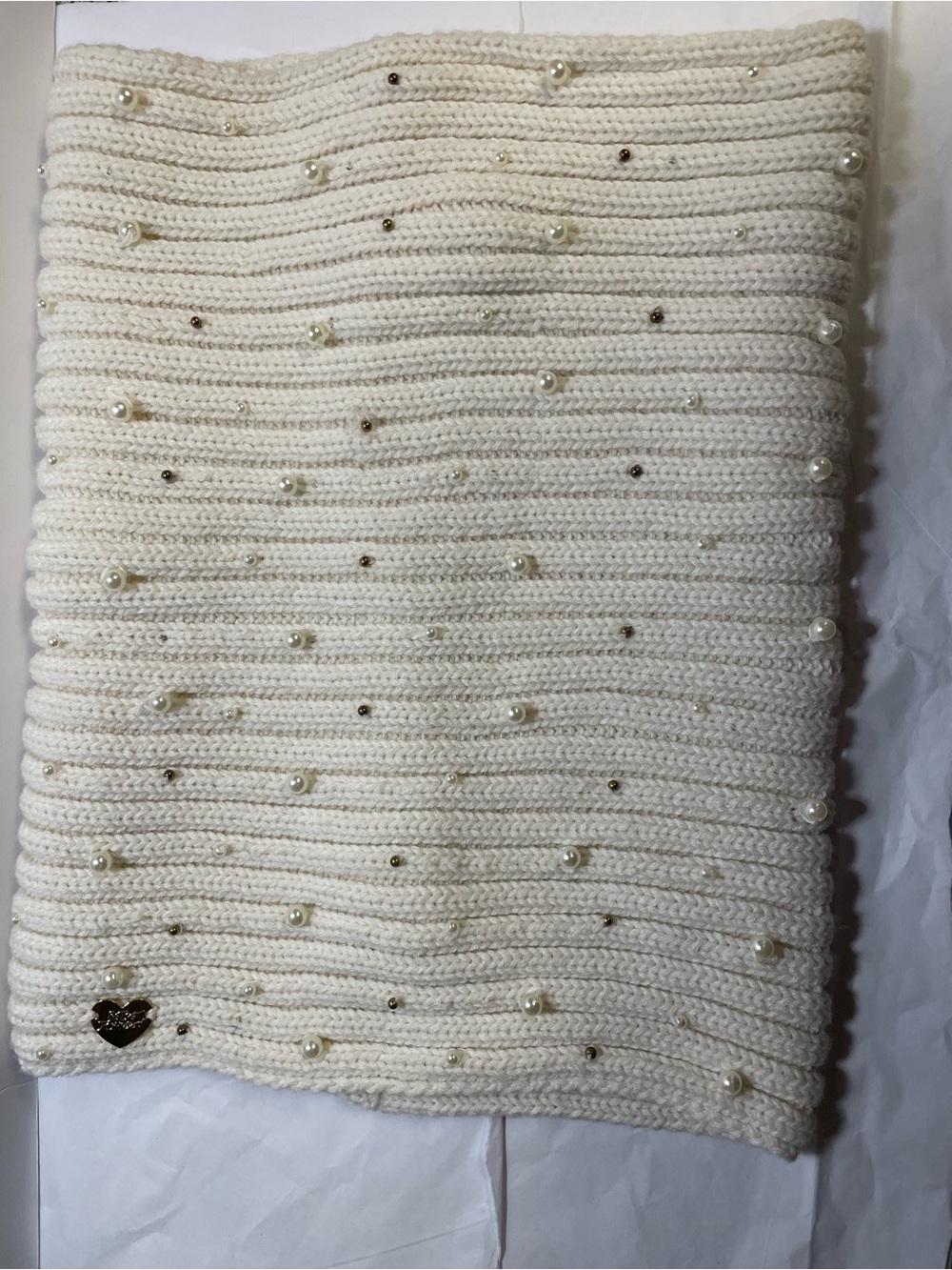 Betsey Johnson Cream Knit Infinity Scarf Pearl Accent Women’s One Size